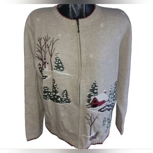 Croft & Barrow Beige Wool Blend Zip Up Sweater with Winter Scene L